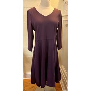 Pact Organic Cotton Dress Women's Medium Purple V-Neck 3/4 Sleeve Fit Flare